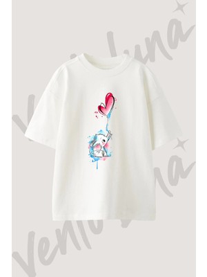 Fil Kalp Balon Tasarım Baskılı Unisex Oversize Kalıp Beyaz Tshirt