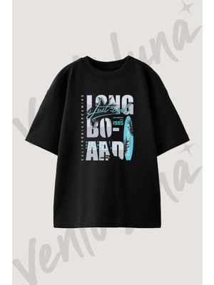 Longboard Surf Tasarım Baskılı Unisex Oversize Kalıp Siyah Tshirt