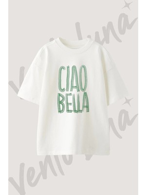 Ciao Bella Tasarım Baskılı Unisex Oversize Kalıp Beyaz Tshirt