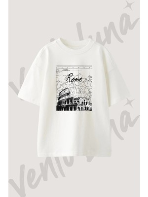 Colosseum Rome_1 Tasarım Baskılı Unisex Oversize Kalıp Beyaz Tshirt