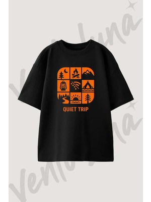 Outdoor Kamp Tasarım Baskılı Unisex Oversize Kalıp Siyah Tshirt