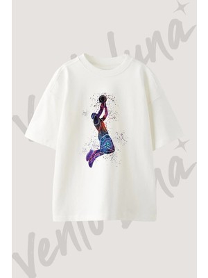 Soyut Basketbol Tasarım Baskılı Unisex Oversize Kalıp Beyaz Tshirt