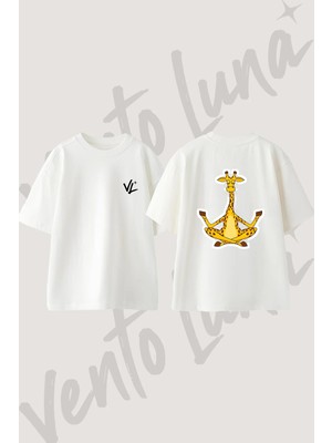 Yoga Giraffe Tasarım Sırt Baskılı Pamuk Beyaz Oversize T-Shirt