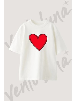 Red Heart Tasarım Baskılı Unisex Oversize Kalıp Beyaz Tshirt