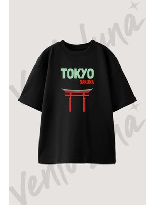 Tokyo Torii Tasarım Baskılı Unisex Oversize Kalıp Siyah Tshirt