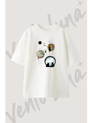 Totoro Starry Night Tasarım Baskılı Unisex Oversize Kalıp Beyaz Tshirt