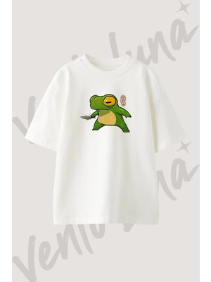 Frog Knife_1 Tasarım Baskılı Unisex Oversize Kalıp Beyaz Tshirt