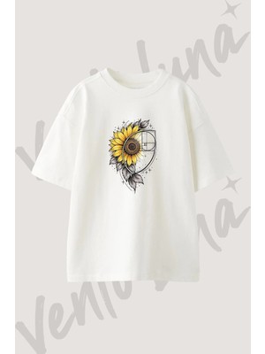 Sunflower Fibonacci Tasarım Baskılı Unisex Oversize Kalıp Beyaz Tshirt