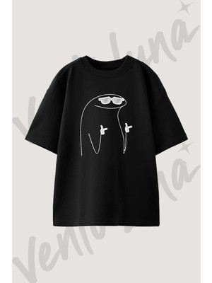 Flork Meme Tasarım Baskılı Unisex Oversize Kalıp Siyah Tshirt