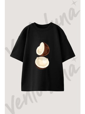 Coconut Halves Tasarım Baskılı Unisex Oversize Kalıp Siyah Tshirt