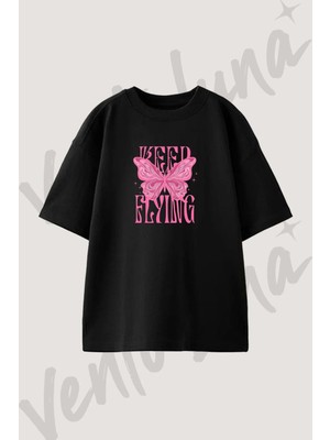 Butterfly Keep Flying Tasarım Baskılı Unisex Oversize Kalıp Siyah Tshirt