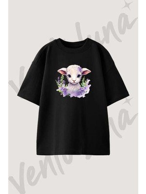 Kuzu Lavanta Tasarım Baskılı Unisex Oversize Kalıp Siyah Tshirt