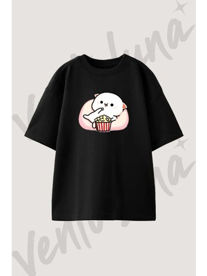 Mochi Peach Cat Tasarım Baskılı Unisex Oversize Kalıp Siyah Tshirt