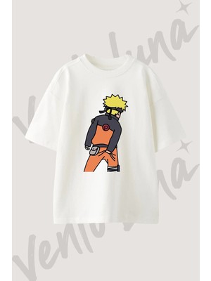 Naruto Uzumaki Tasarım Baskılı Unisex Oversize Kalıp Beyaz Tshirt