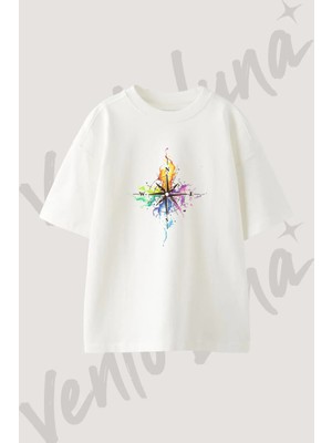 Compass Watercolor Tasarım Baskılı Unisex Oversize Kalıp Beyaz Tshirt
