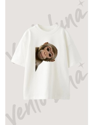 Baby Monkey Tasarım Baskılı Unisex Oversize Kalıp Beyaz Tshirt