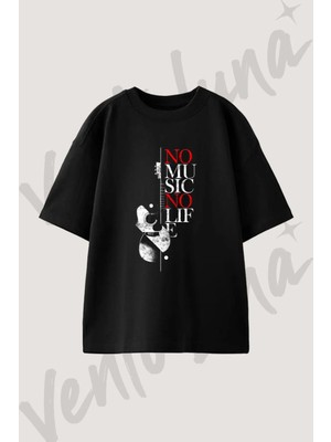 No Music No Life Tasarım Baskılı Unisex Oversize Kalıp Siyah Tshirt
