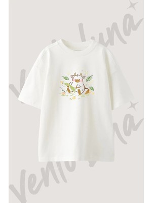 Cute Cow_1 Tasarım Baskılı Unisex Oversize Kalıp Beyaz Tshirt