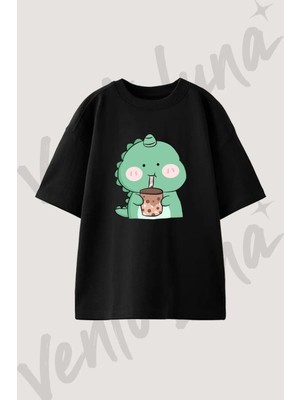 Dinosaur Boba Tasarım Baskılı Unisex Oversize Kalıp Siyah Tshirt