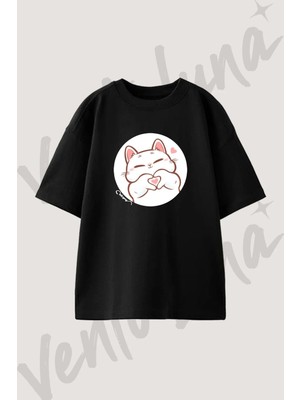 Kawaii Cat_2 Tasarım Baskılı Unisex Oversize Kalıp Siyah Tshirt