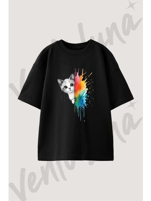 Cat Watercolor Tasarım Baskılı Unisex Oversize Kalıp Siyah Tshirt