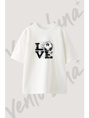 Futbol Aski Tasarım Baskılı Unisex Oversize Kalıp Beyaz Tshirt
