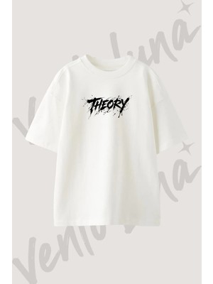 Theory Ink Splatter Tasarım Baskılı Unisex Oversize Kalıp Beyaz Tshirt