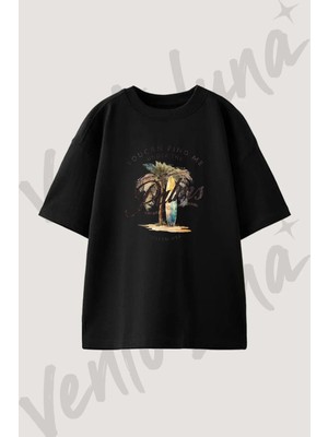 Palmiye Sorftahasi Tasarım Baskılı Unisex Oversize Kalıp Siyah Tshirt