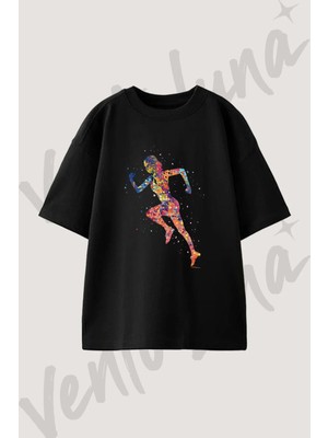 Sıçrama Kosucu Tasarım Baskılı Unisex Oversize Kalıp Siyah Tshirt