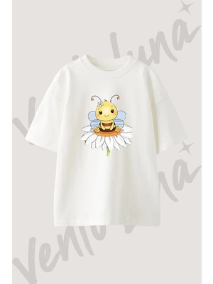 Ari Papatya Tasarım Baskılı Unisex Oversize Kalıp Beyaz Tshirt