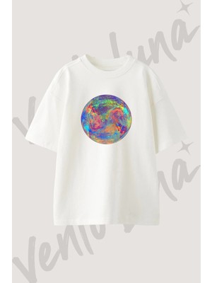 Renkli Gezegen Tasarım Baskılı Unisex Oversize Kalıp Beyaz Tshirt