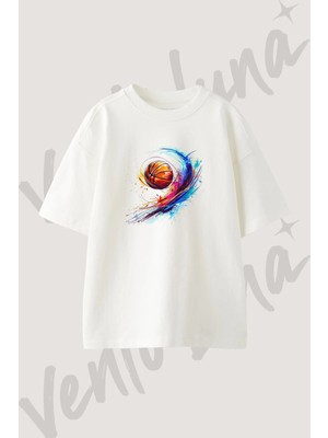 Basketbol Sanati Tasarım Baskılı Unisex Oversize Kalıp Beyaz Tshirt