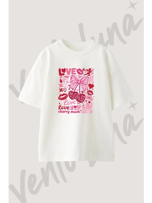 Valentines Day Tasarım Baskılı Unisex Oversize Kalıp Beyaz Tshirt