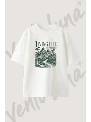 Tropik Manzara Tasarım Baskılı Unisex Oversize Kalıp Beyaz Tshirt