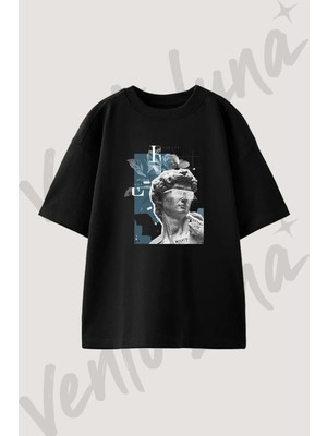 Michelangelo David Tasarım Baskılı Unisex Oversize Kalıp Siyah Tshirt