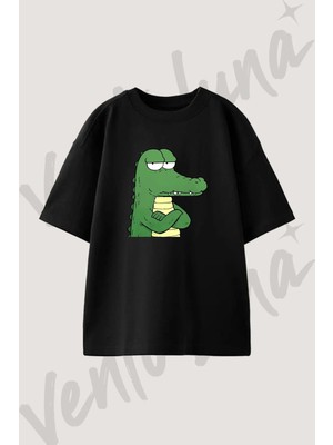 Cizgi Timsah Tasarım Baskılı Unisex Oversize Kalıp Siyah Tshirt