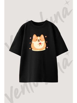 Kawaii Corgi Tasarım Baskılı Unisex Oversize Kalıp Siyah Tshirt