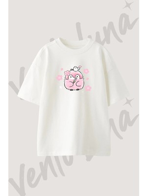 Daruma Sakura Dango Tasarım Baskılı Unisex Oversize Kalıp Beyaz Tshirt