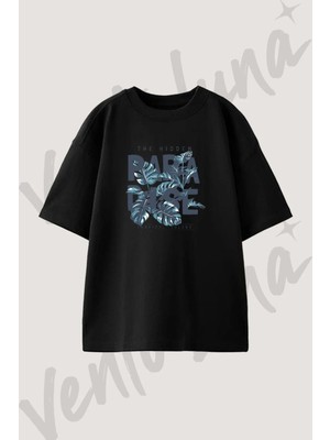 Tropical Paradise Tasarım Baskılı Unisex Oversize Kalıp Siyah Tshirt
