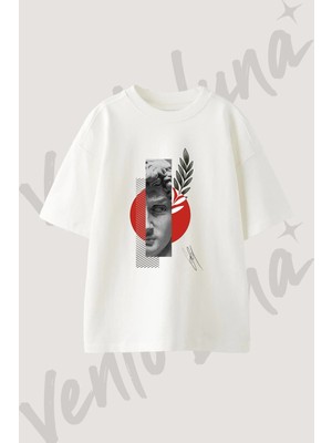 David Statue Tasarım Baskılı Unisex Oversize Kalıp Beyaz Tshirt