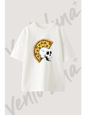 Kuru Kafa Pizza Mohawk Tasarım Baskılı Unisex Oversize Kalıp Beyaz Tshirt