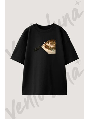 Yaratilis Kedi Tasarım Baskılı Unisex Oversize Kalıp Siyah Tshirt