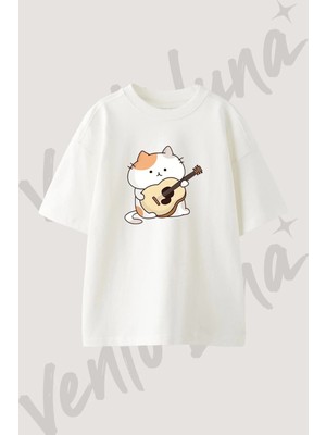 Cat Guitar Tasarım Baskılı Unisex Oversize Kalıp Beyaz Tshirt