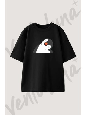 Penguin Tasarım Baskılı Unisex Oversize Kalıp Siyah Tshirt