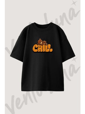 Chill Bear Tasarım Baskılı Unisex Oversize Kalıp Siyah Tshirt