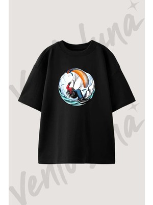 Paragliding Sport Tasarım Baskılı Unisex Oversize Kalıp Siyah Tshirt