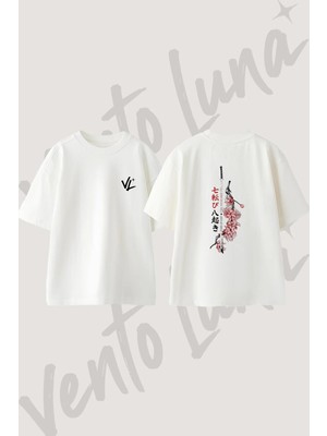 Nanakorobi Katana Tasarım Sırt Baskılı Pamuk Beyaz Oversize T-Shirt