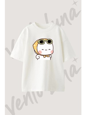 Mochi Gozluk Bandana Tasarım Baskılı Unisex Oversize Kalıp Beyaz Tshirt