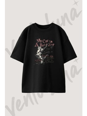 Rock Star Cat Tasarım Baskılı Unisex Oversize Kalıp Siyah Tshirt