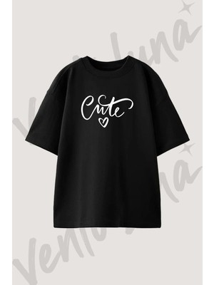 Cute Script Tasarım Baskılı Unisex Oversize Kalıp Siyah Tshirt